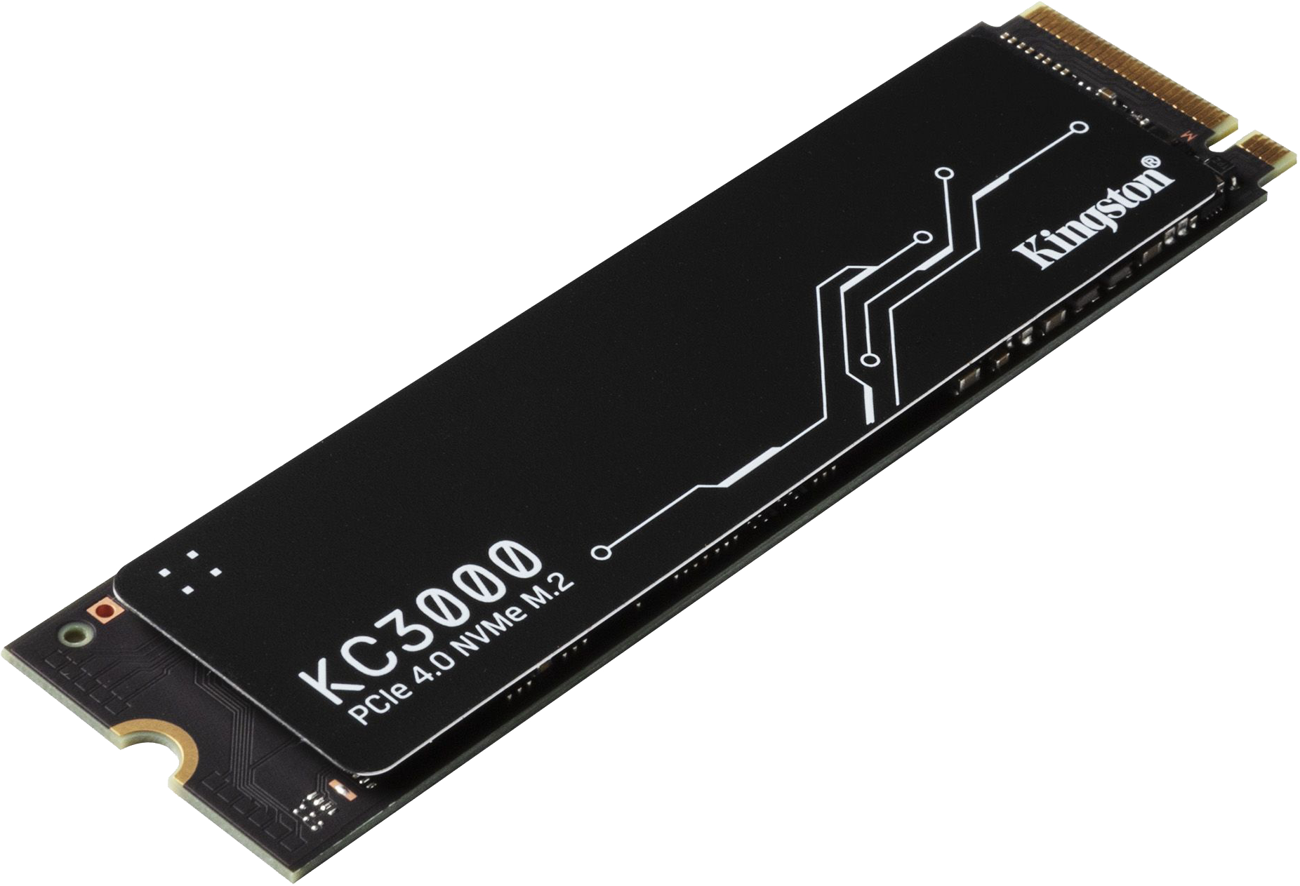 Fekete Kingston KC3000 NVMe M.2 SSD. Fehér szöveg és áramkör design a tetején.