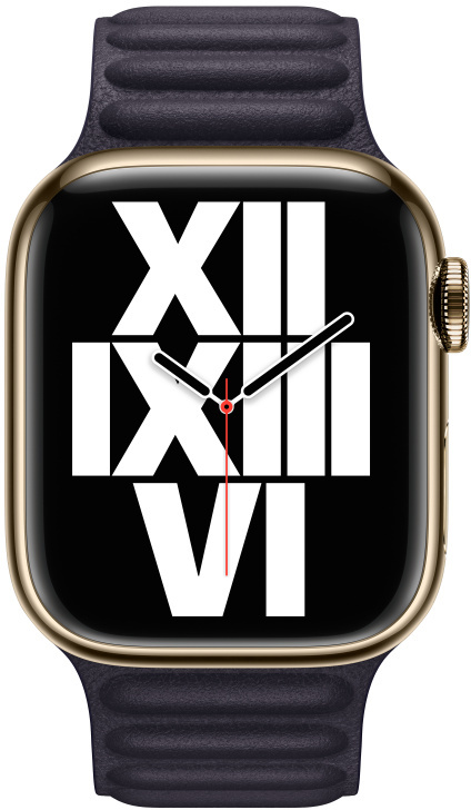 Gold Apple Watch with a black face. White Roman numerals. Black strap.