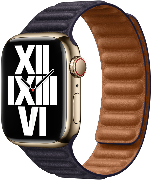 Gold Apple Watch with a blue leather band. The watch displays the time.