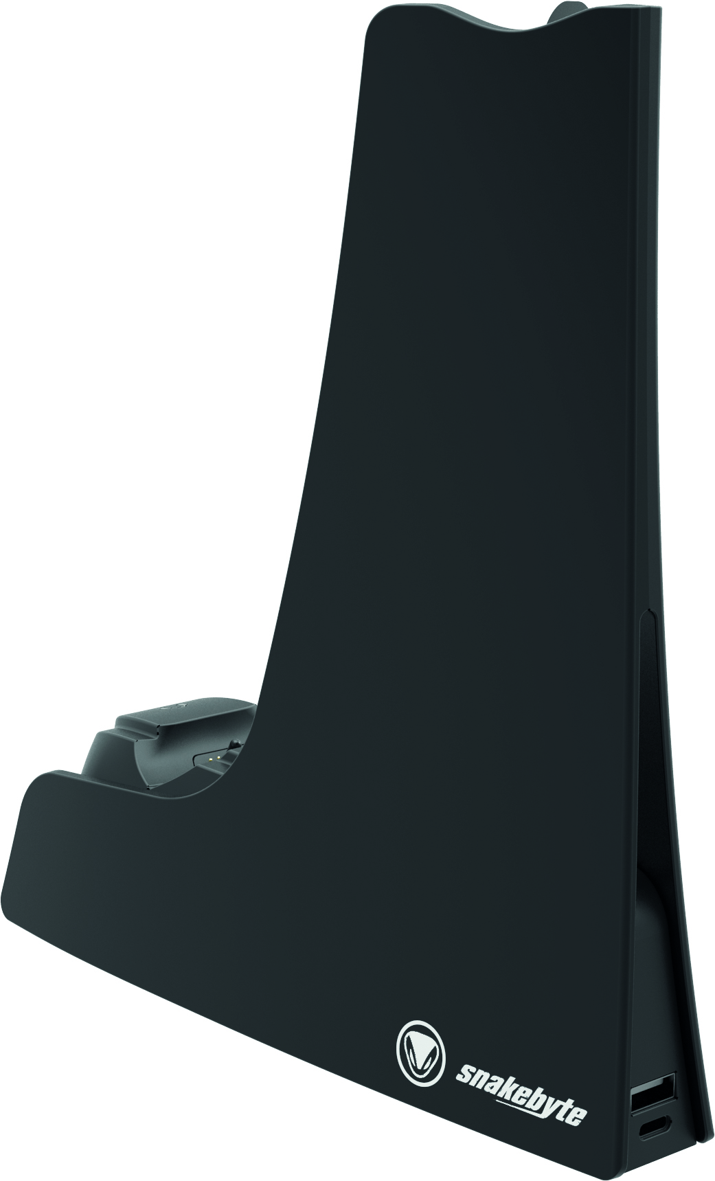 Schwarzer vertikaler Ständer für einen Game-Controller. Der Markenname ist an der Seite.