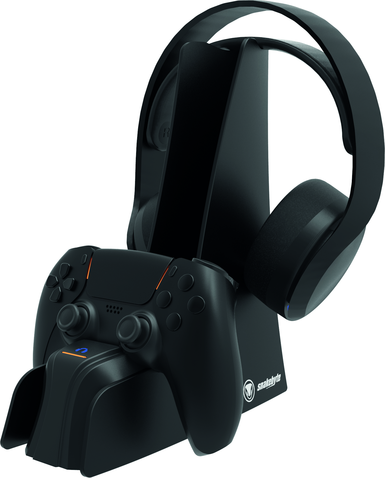 Schwarze PS5-Controller- und Headset-Ladestation mit Controller und Kopfhörern.