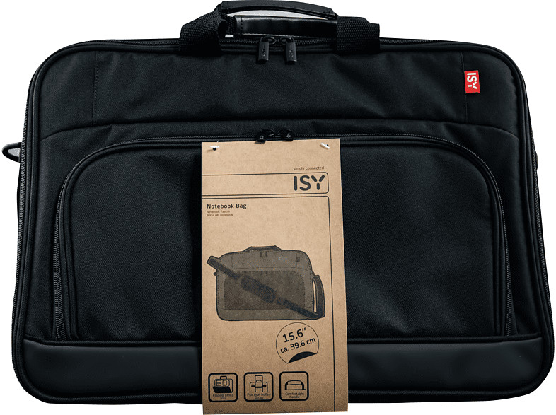 Zwarte laptoptas met label, zwart handvat en rood ISY-logo.