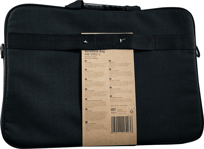 Een zwarte laptoptas met een handvat en een schouderriem. Een productlabel is bevestigd, met tekst zichtbaar.
