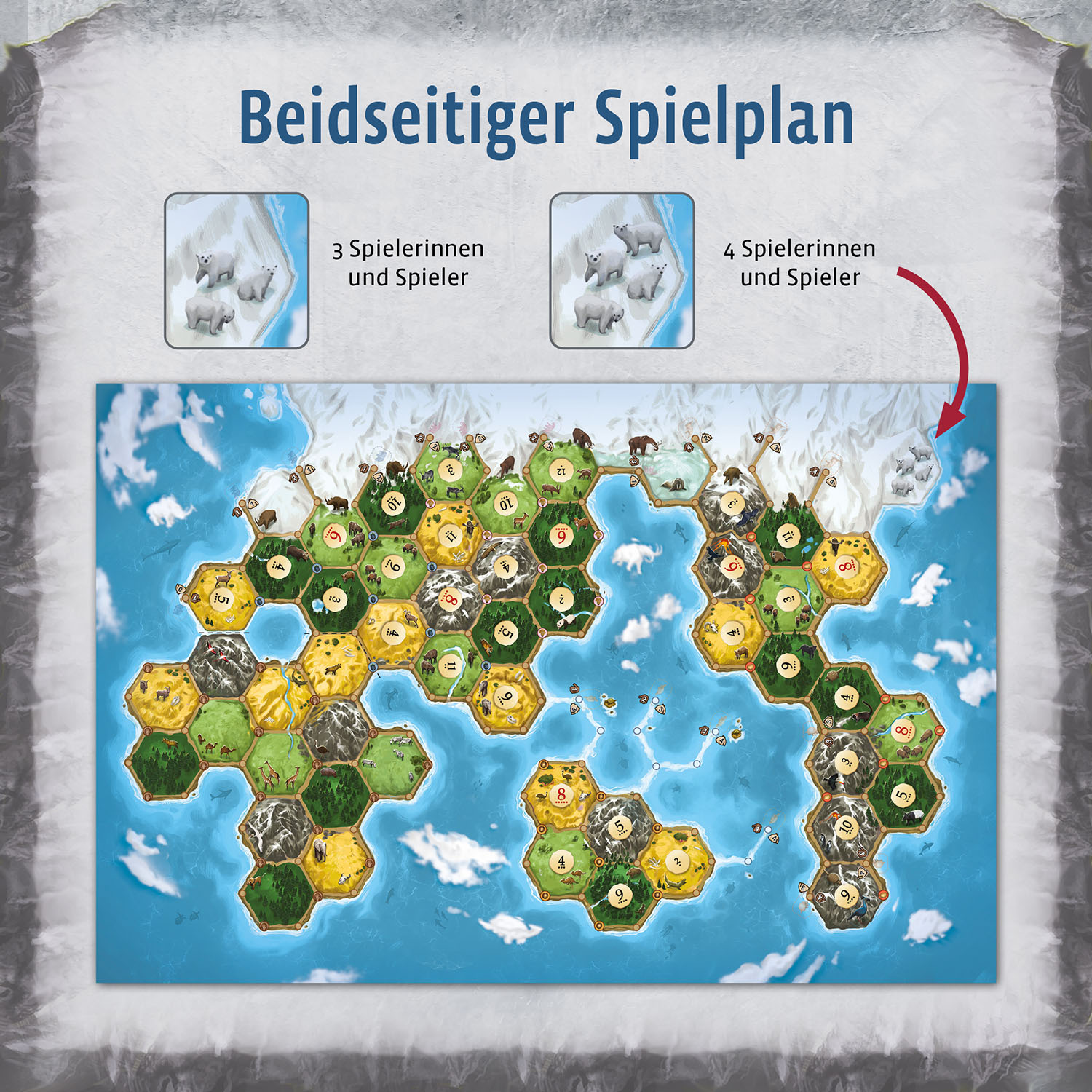 Ein Brettspiel mit sechseckigem Raster, das eine Karte zeigt. Enthält Eisbären-Illustrationen und Text.