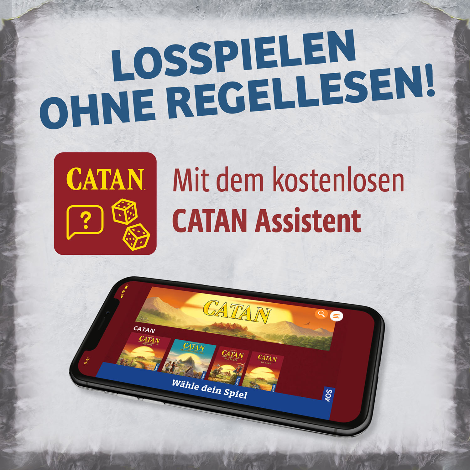 Telefon mit Catan-Spiel auf dem Bildschirm und Text auf Deutsch über den Catan-Assistenten.