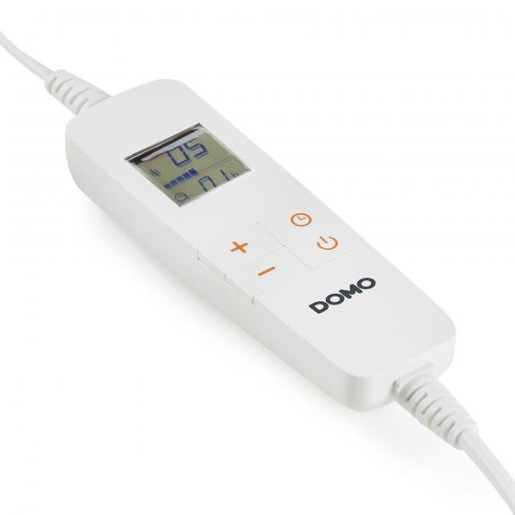 A white, rectangular DOMO control unit with a display, buttons, and a power cord.