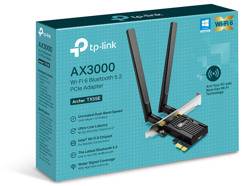 Egy türkiz doboz Wi-Fi 6 adapterrel, antennákkal és termék részletekkel.