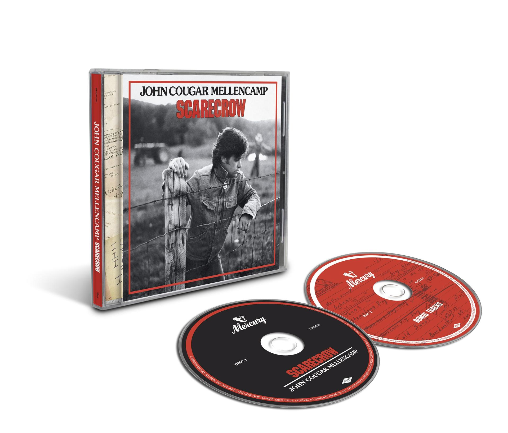 CD-Album von John Cougar Mellencamps Scarecrow mit Discs und Albumcover auf Weiß.