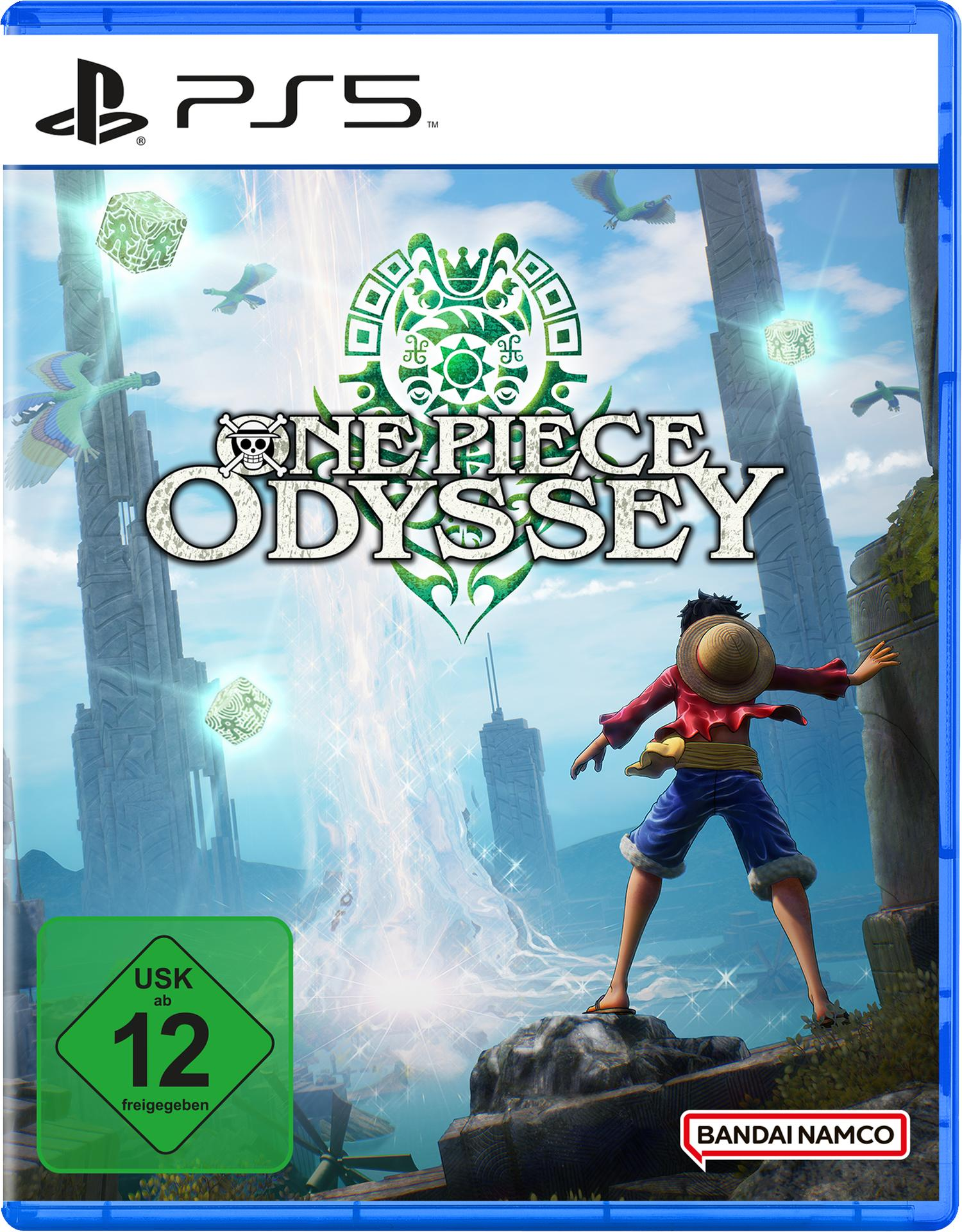 PS5-Spielhülle: 'One Piece Odyssey'. Luffy in Aktion. Grün-weiß stilisiertes Logo.