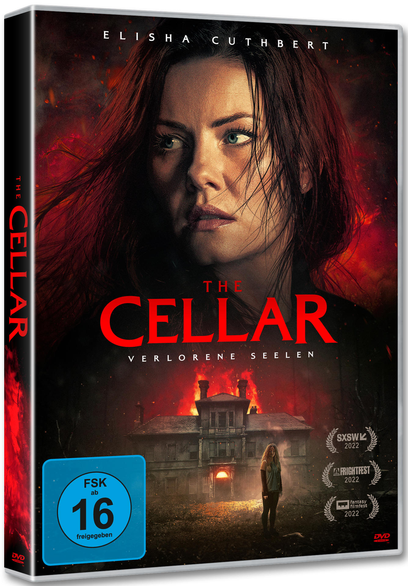 DVD-Cover für den Film 'The Cellar' mit Elisha Cuthbert. Eine Frau steht vor einem brennenden Haus.