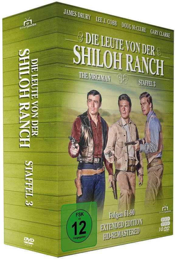 Box-Set von 'The Virginian' Staffel 3, mit drei Männern in Cowboy-Kleidung mit Pistolen.