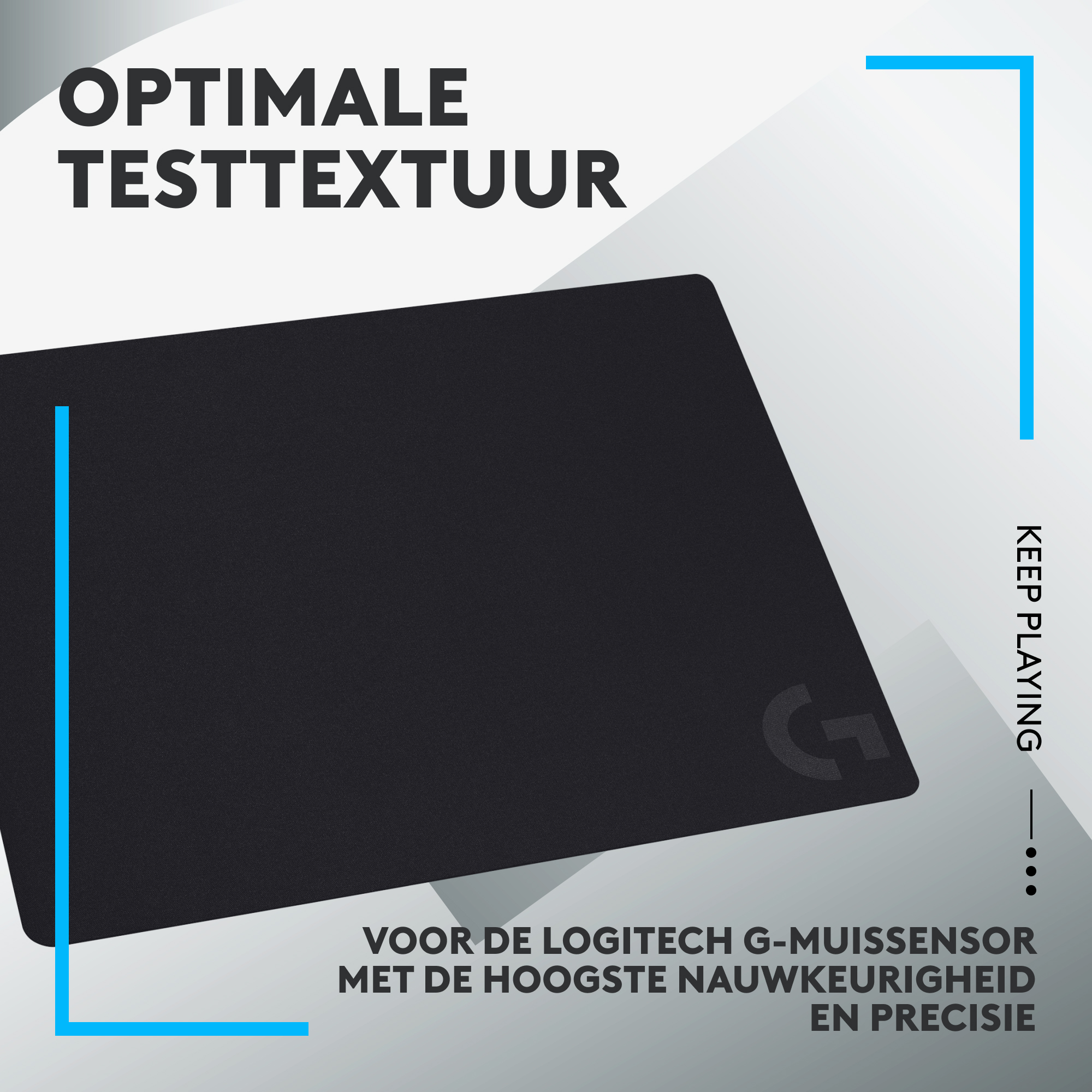 Een zwarte Logitech muismat met het 'G' logo en tekst in wit en blauw.