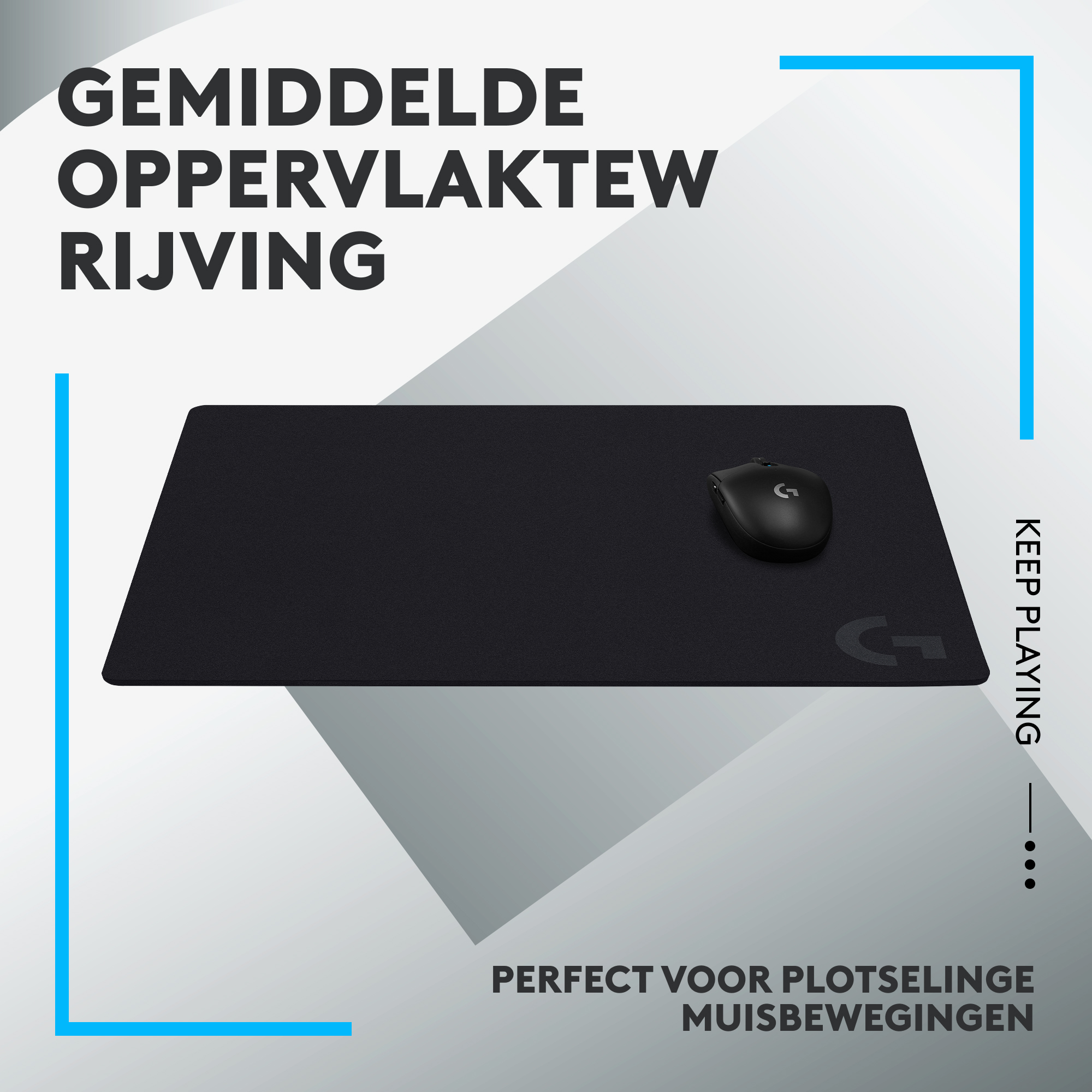 Zwarte muismat en een zwarte muis. De tekst luidt: 'GEMIDDELDE OPPERVLAKTEW RIJVING'.