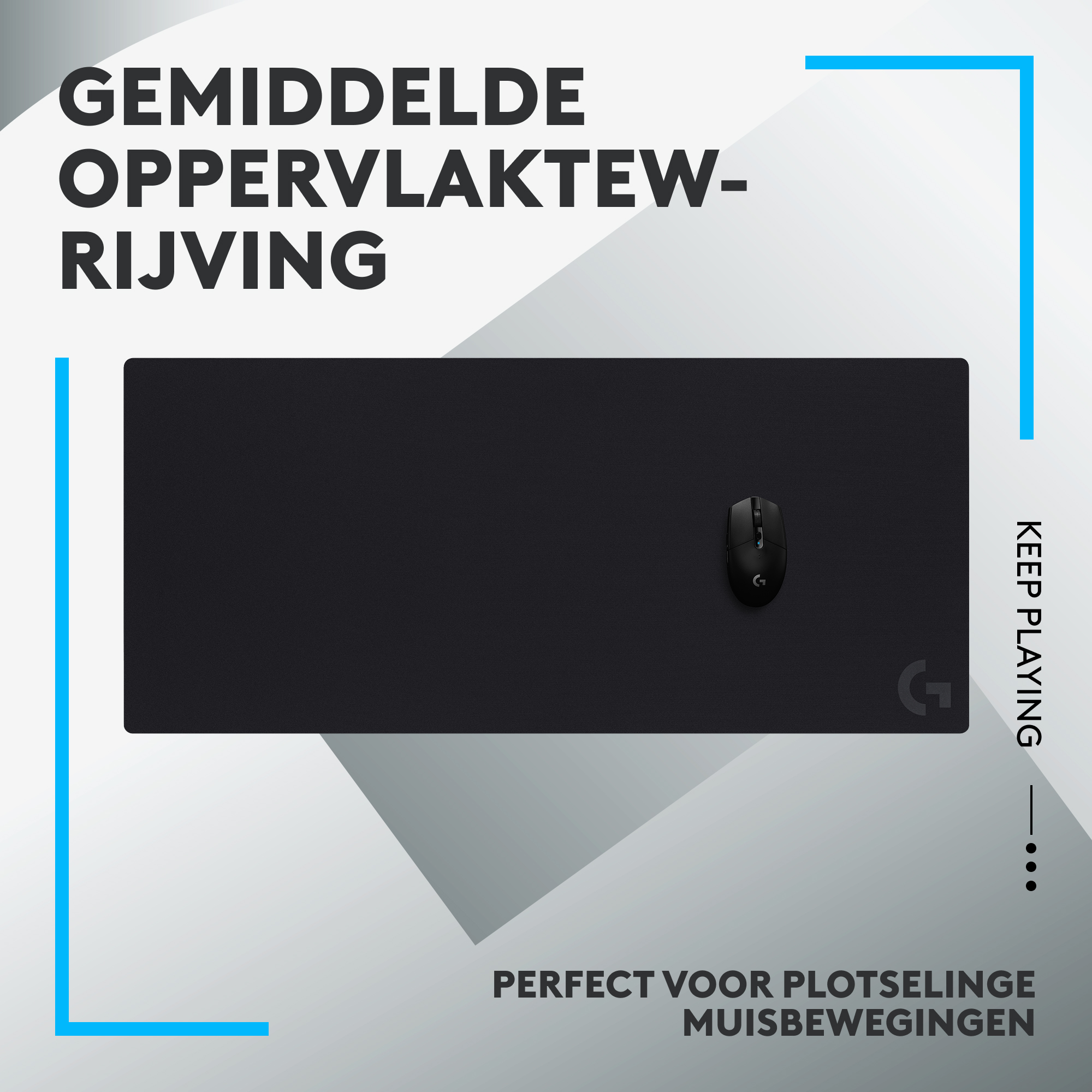 Zwarte muis op een zwart muismat. Nederlandse tekst staat boven en onder.