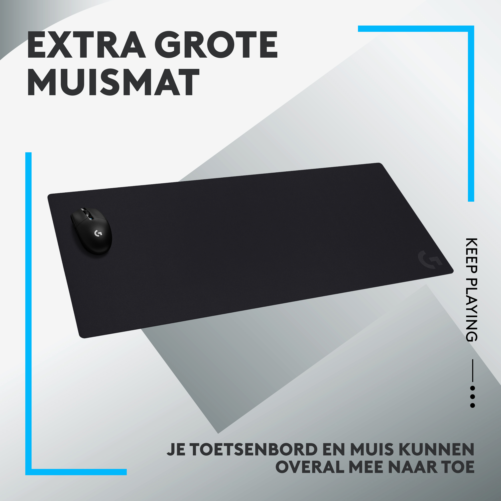 Zwarte muismat met een muis links. De tekst luidt: EXTRA GROTE MUISMAT.