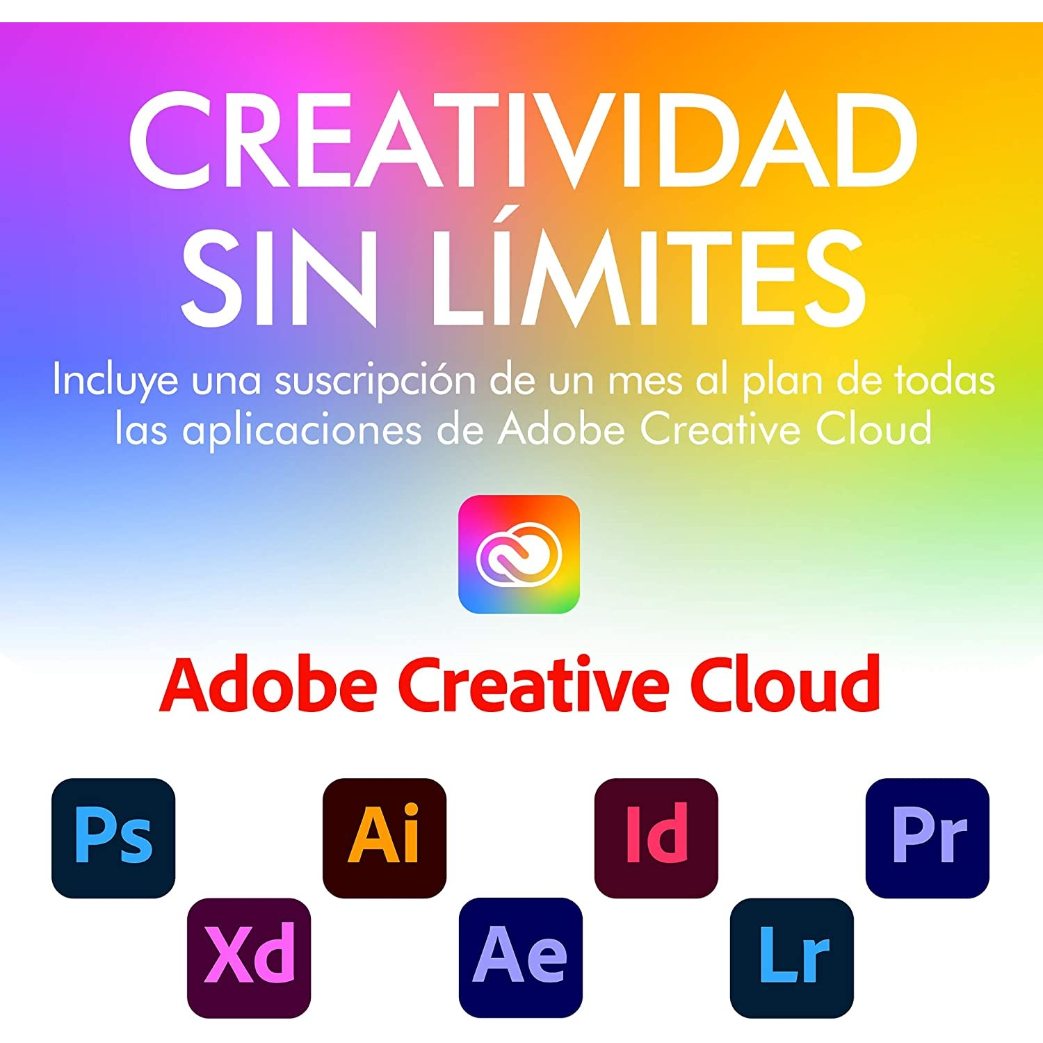 Promoción de Adobe Creative Cloud. Texto: Creatividad sin límites. Iconos de aplicaciones: Ps, Ai, Id, Pr, Xd, Ae, Lr.