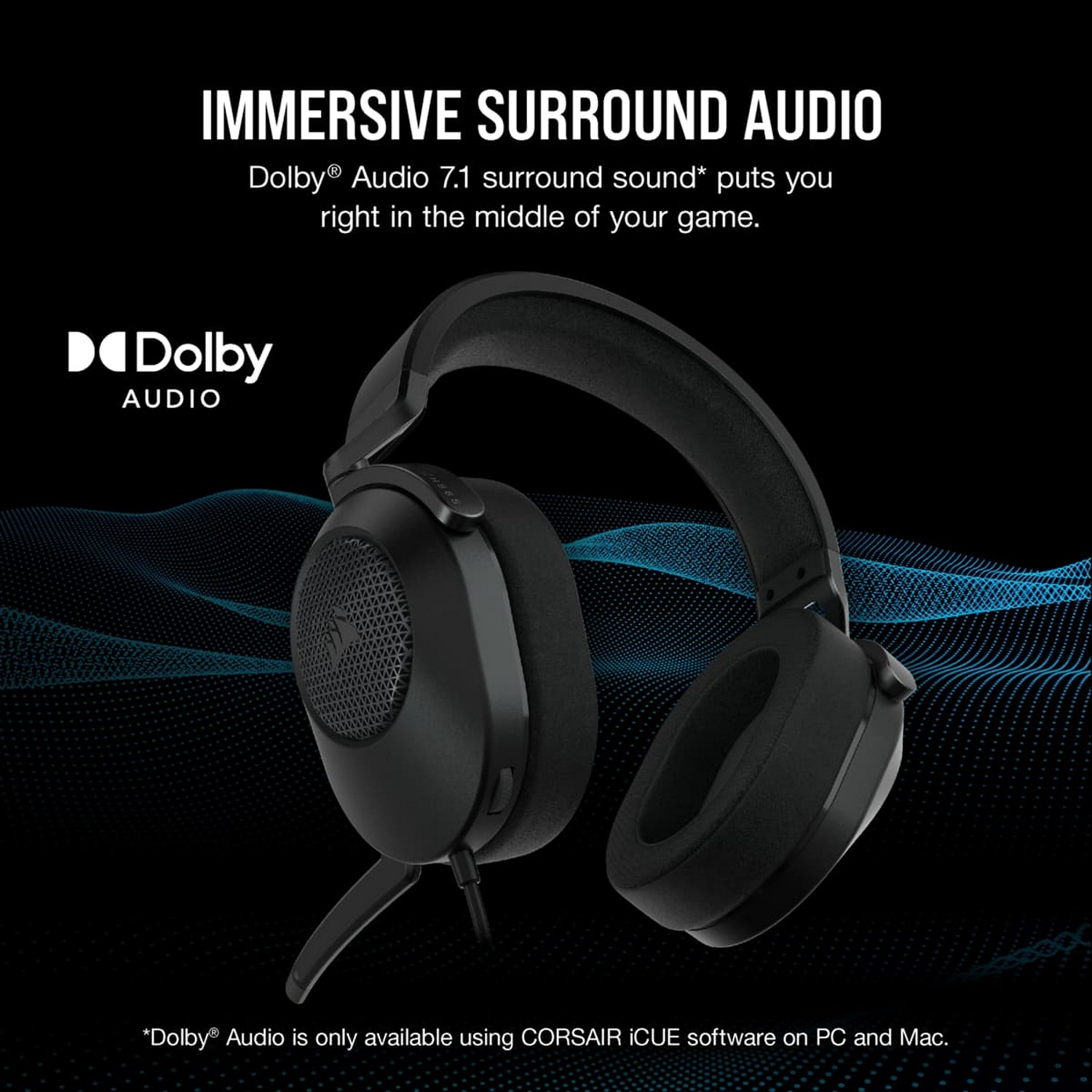 Auriculares gaming negros sobre un fondo azul con el logotipo de Dolby Audio y texto sobre sonido envolvente.