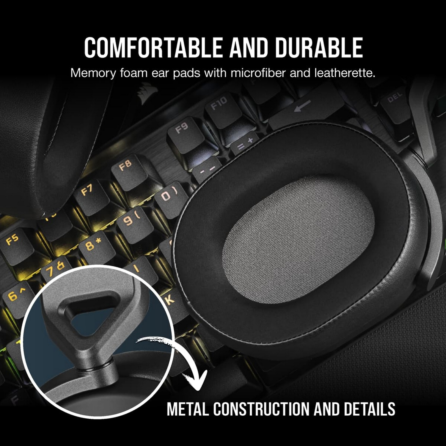 Auriculares con auriculares negros y teclado en el fondo. Texto: 'Cómodo y Duradero'.