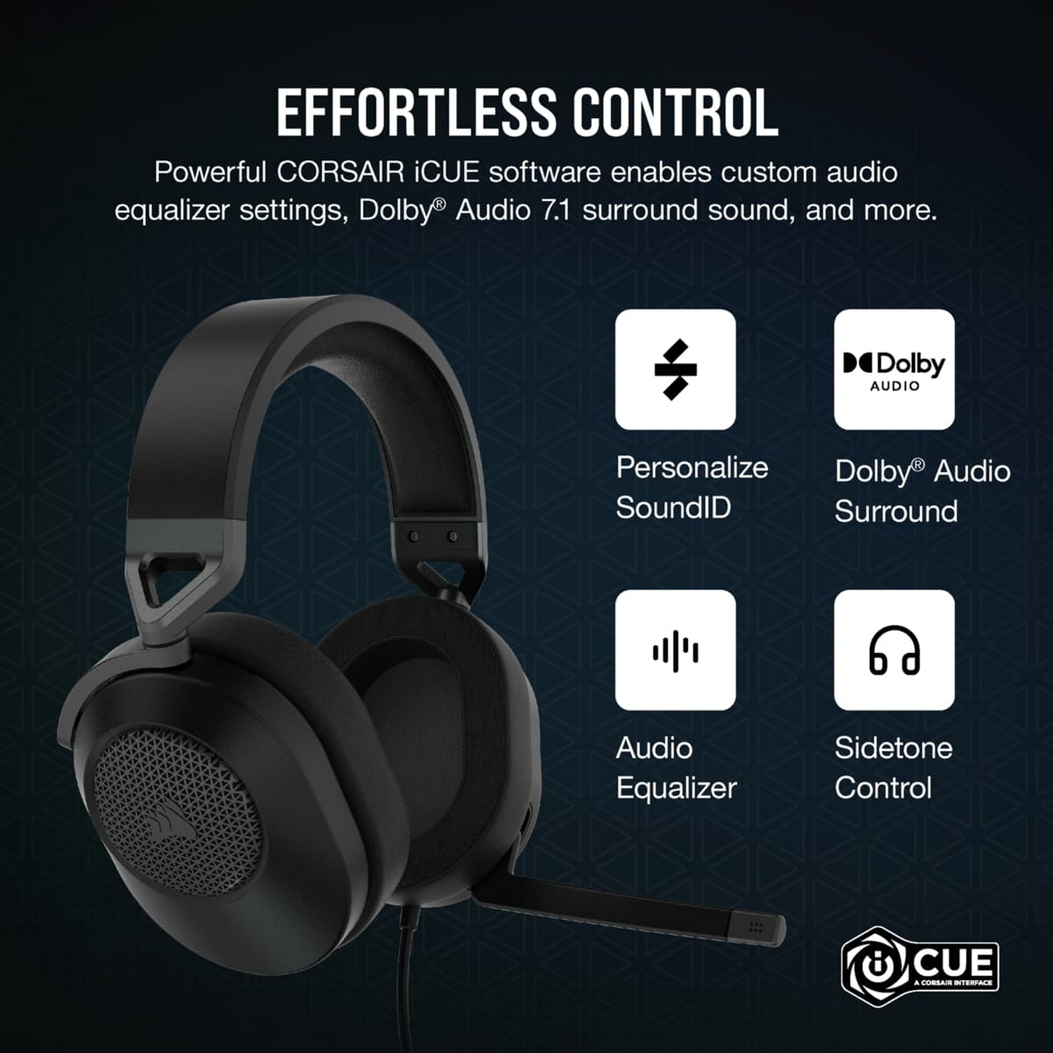 Auriculares gaming negros con funciones: ecualizador, sonido envolvente y control.