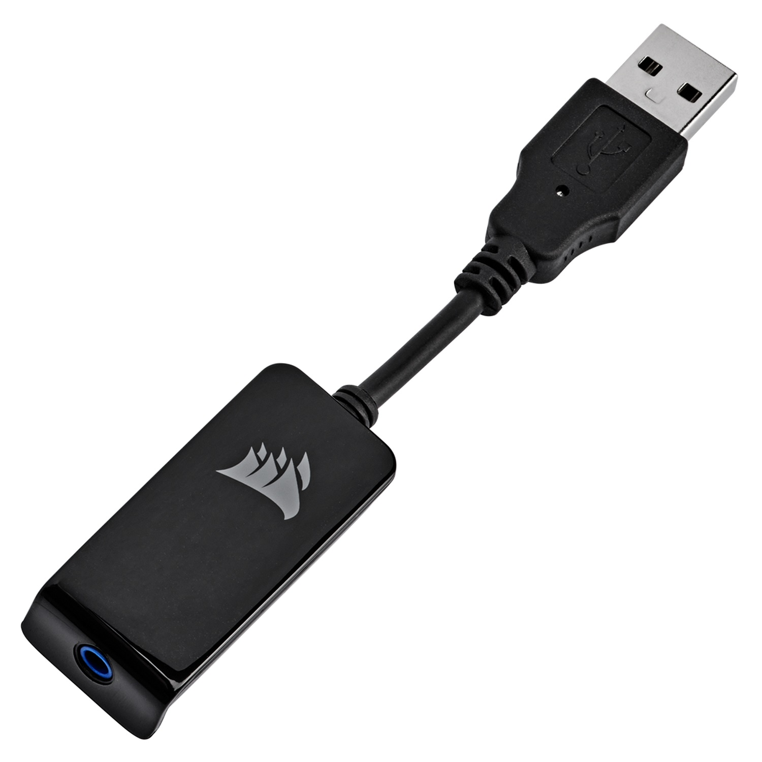 Cable adaptador de audio negro con conector USB, logotipo y puerto de salida de audio.