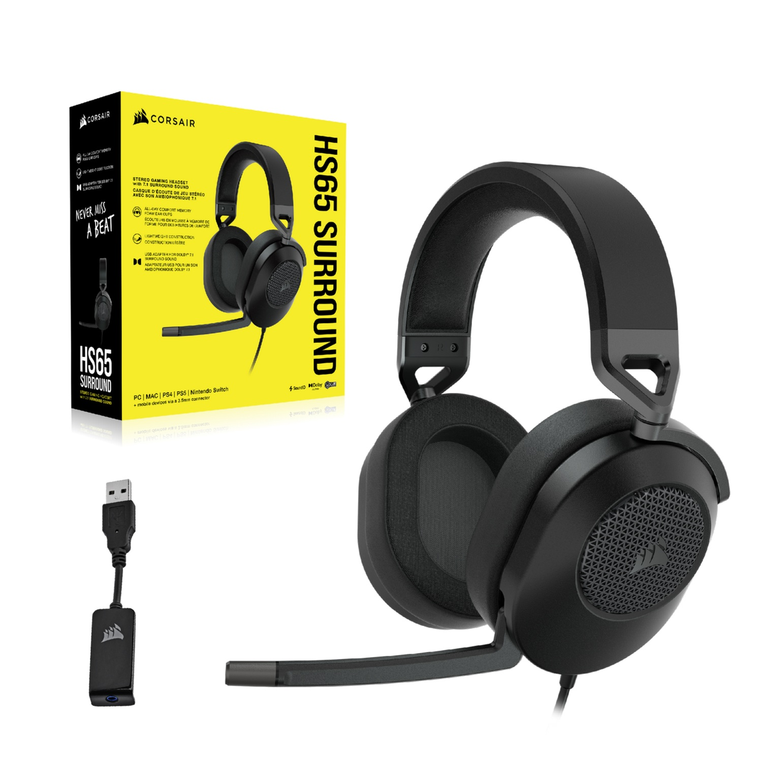 Auriculares gaming negros con micrófono y caja sobre fondo blanco.
