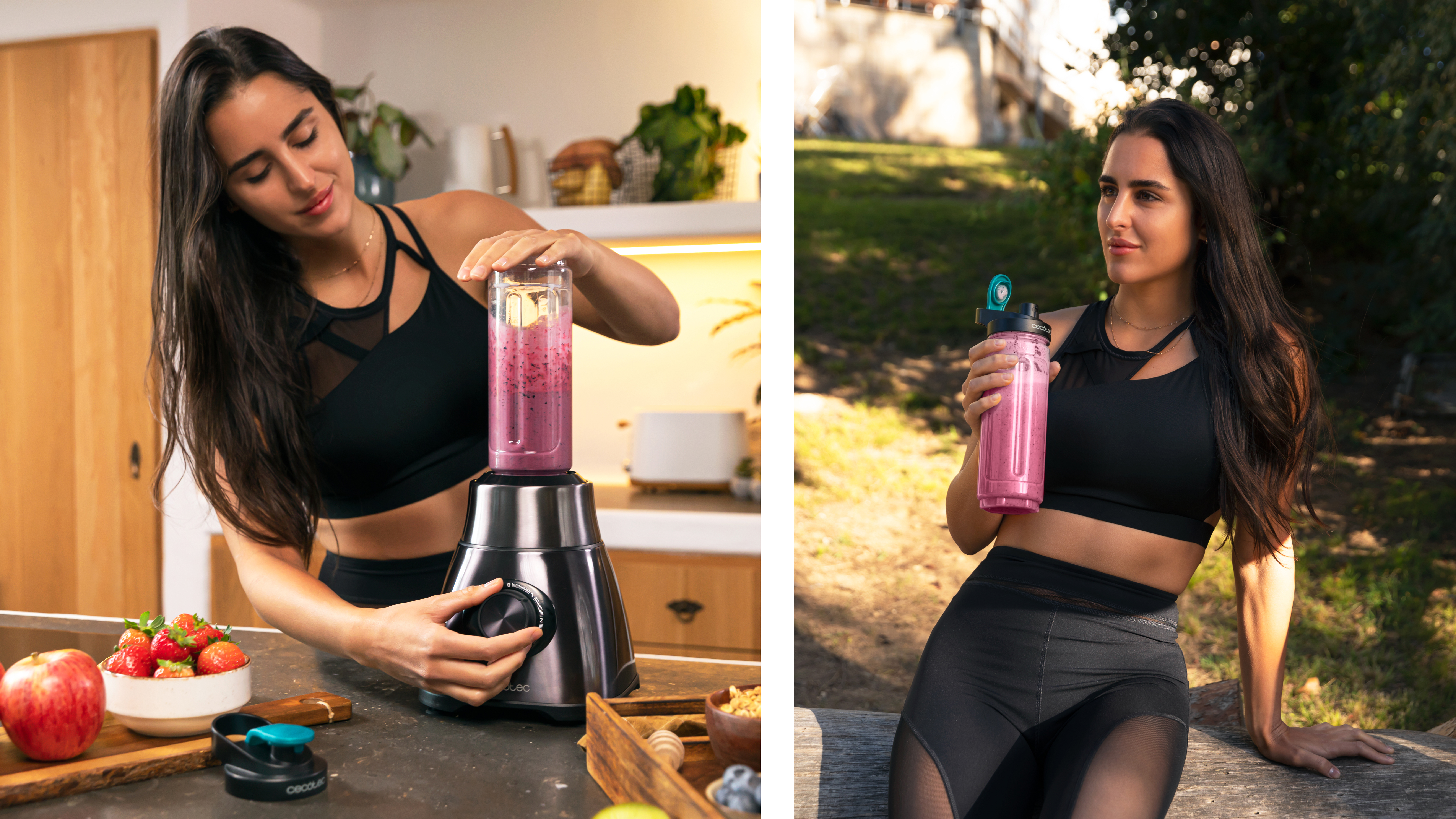 Mujer preparando un batido, luego sosteniendo una botella rosa con batido. Cocina y entorno exterior.