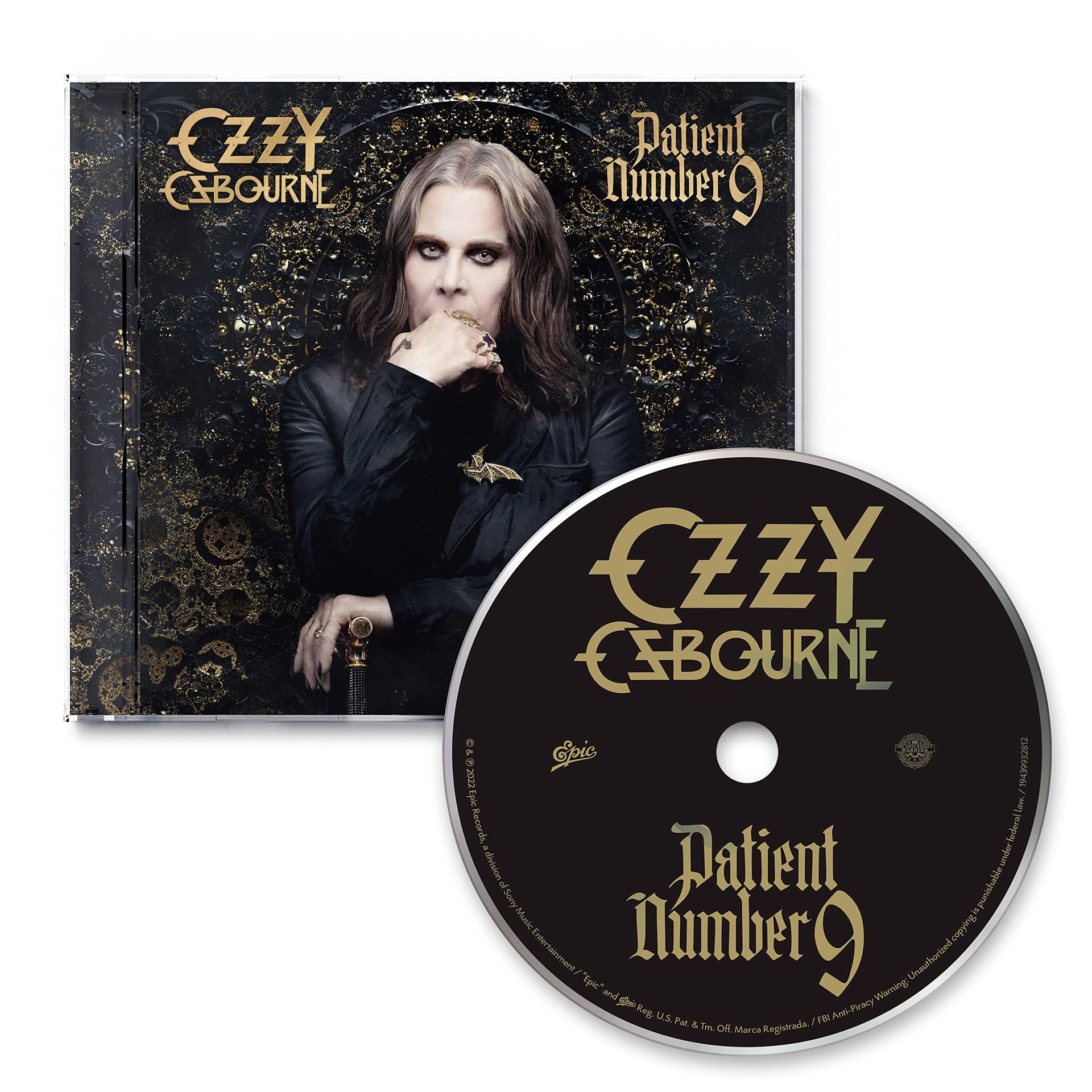 Ozzy Osbourne 'Patient Number 9' albumának borítója és CD-je. A borítón Ozzy arca látható.