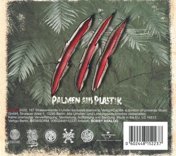 Albumcover mit Krallen, rot innen. Text: PALMEN AUS PLASTIK. Grüner Hintergrund.