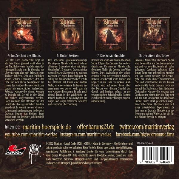 Buchcover von Dracula, mit mehreren Tafeln, die den Titel und den Autor zeigen.