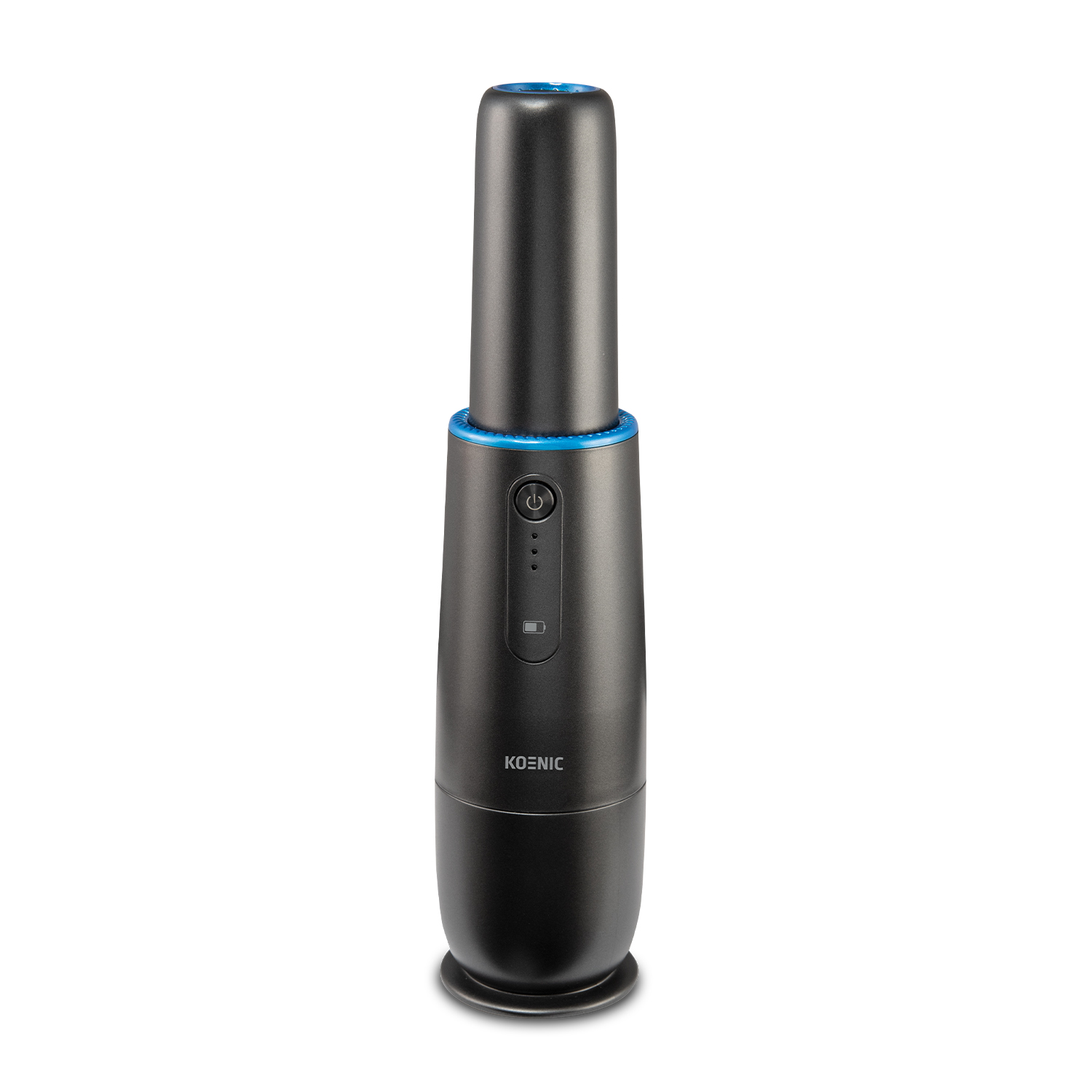 Purificatore d'aria Koenic nero e grigio. Forma cilindrica, con luce blu in alto e pulsante di accensione.