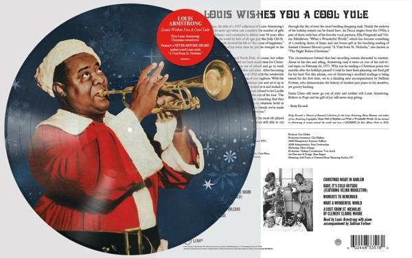 Disque avec Louis Armstrong jouant de la trompette, avec du texte et une image à droite.