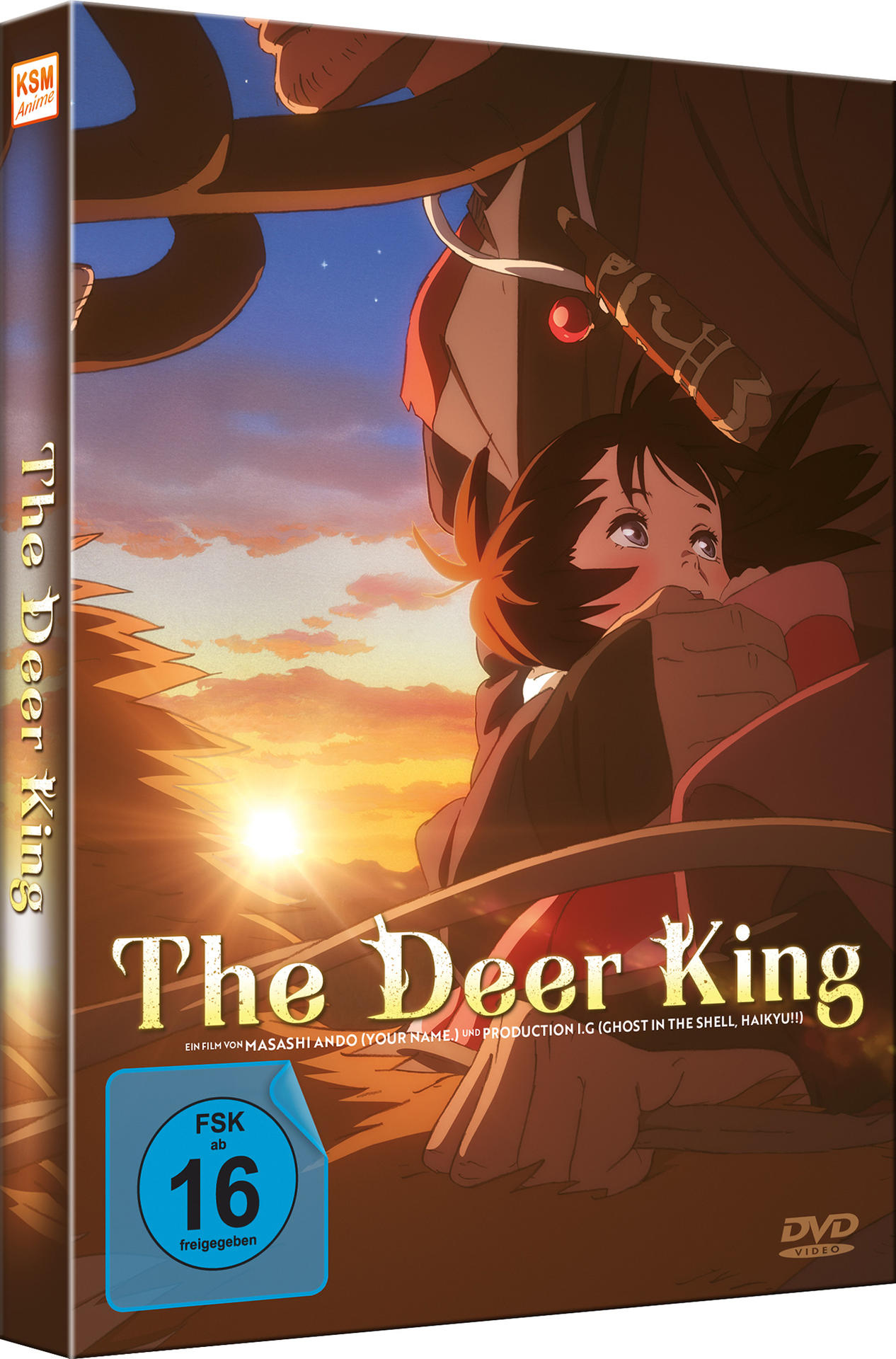 Anime-DVD-Cover von 'The Deer King' mit Charakteren, Sonnenuntergang und japanischem Text.
