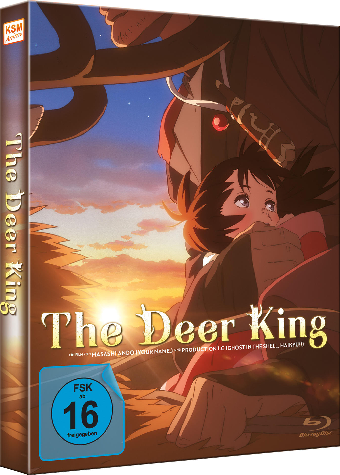 Die DVD-Hülle des Anime The Deer King, mit einer Illustration der Hauptfiguren auf dem Cover.