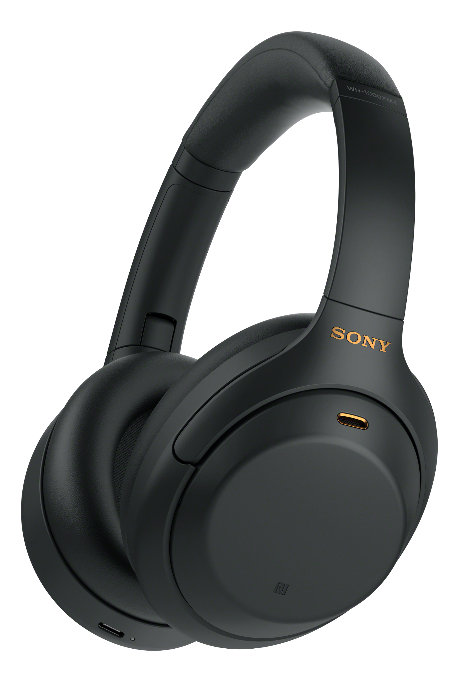 Cuffie Sony nere. Design elegante e moderno con testo dorato sul lato.