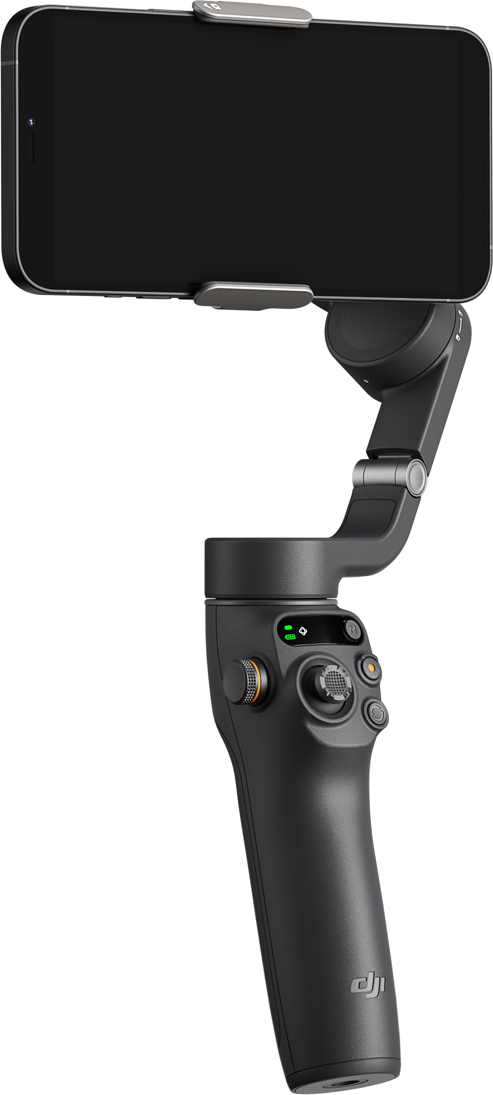 Schwarzer Gimbal mit Smartphone. Das Telefon ist schwarz und der Gimbal hat einen Griff.