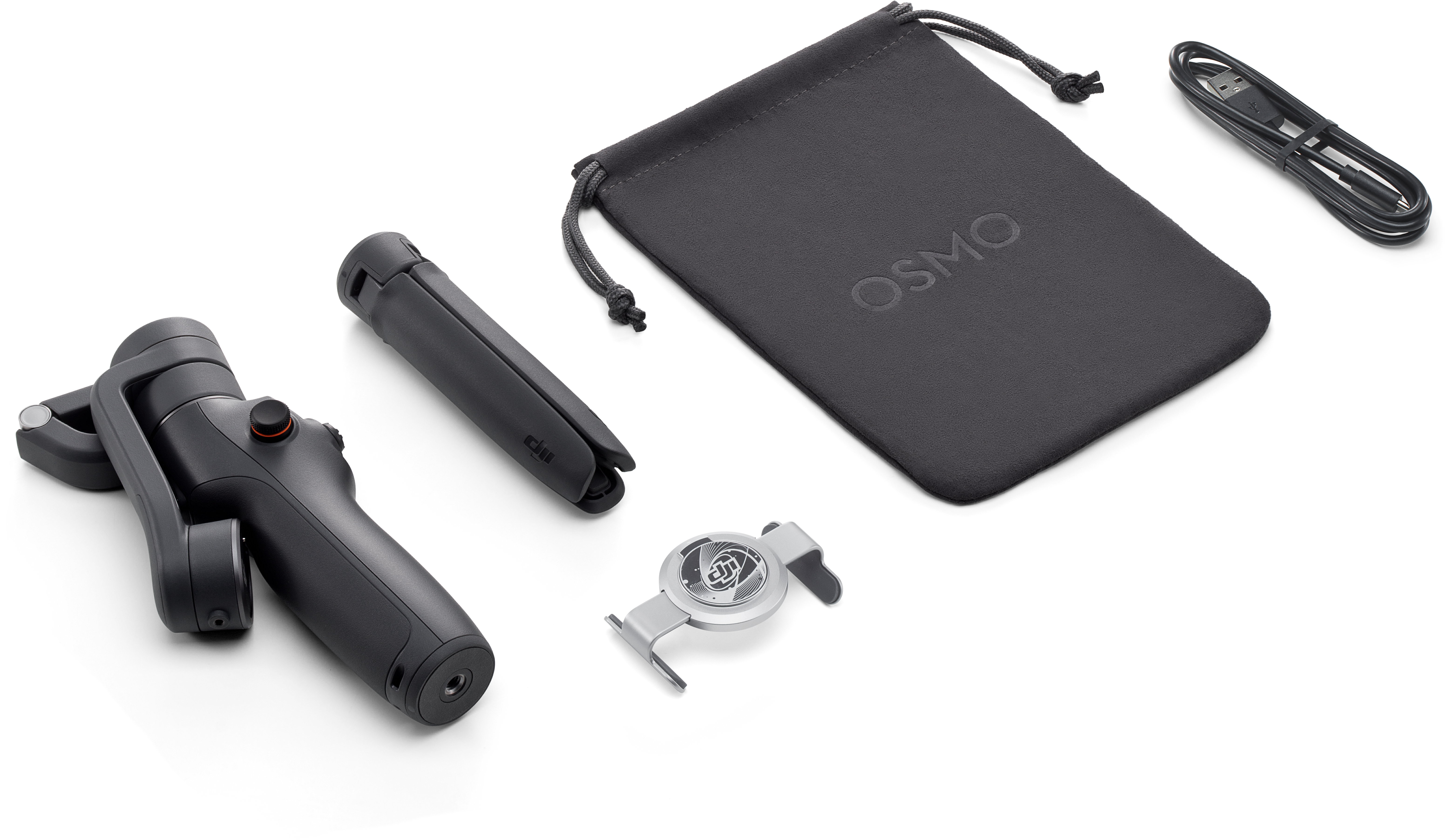 Ein schwarzes Osmo-Mobilgerät mit Zubehör: Stativ, Hülle, Kabel.