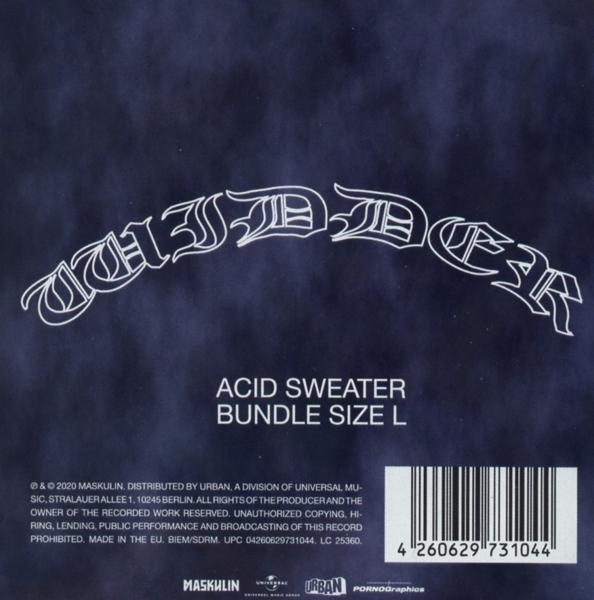 Dunkelblaues Albumcover mit weißem Text 'THE DEER' und Produktinfo: 'Acid Sweater Bundle Size L'.
