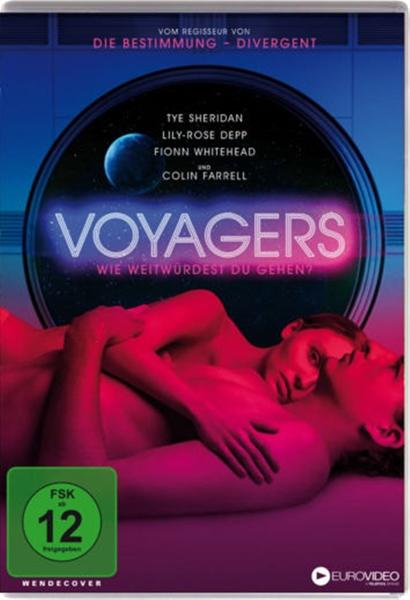 Voyagers DVD-Cover. Zwei Personen umarmen sich unter Neonlicht. Ein Planet im Hintergrund.