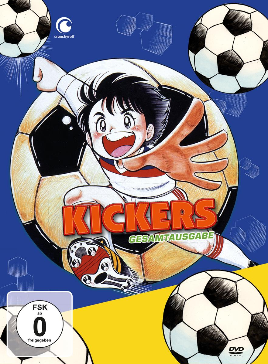 DVD-Cover von „Kickers“ mit einem Anime-Charakter, der einen Fußball tritt, umgeben von Fußbällen.