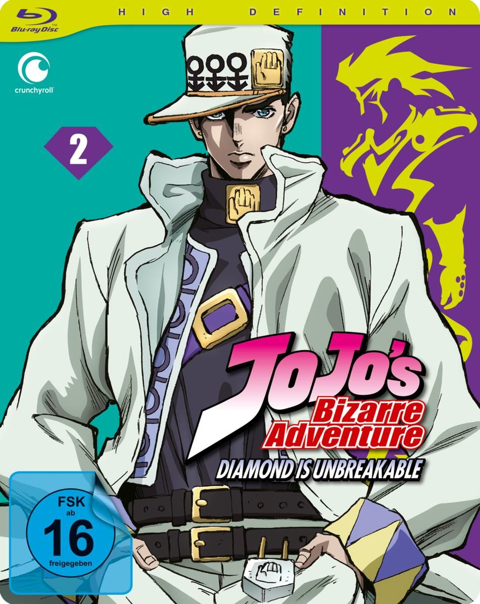 Jojo's Bizarre Adventure DVD-Cover. Charakter in weißem Mantel, Hut. Lila Hintergrund mit Logos und Titel.