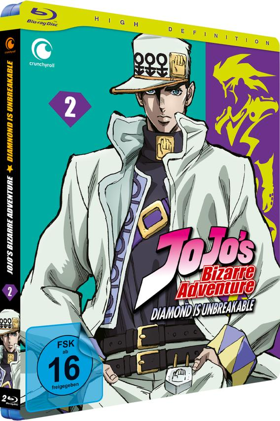 Blu-ray-Disc-Hülle mit Anime-Charakter, Titel 'JoJo's Bizarre Adventure'.