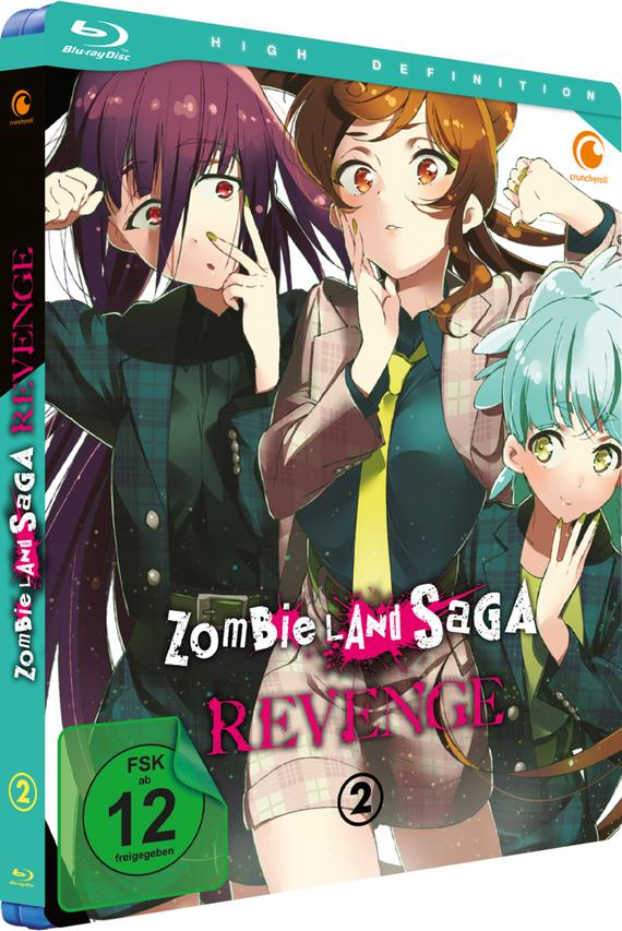 Anime-DVD-Cover: Drei Mädchen posieren. Der Titel lautet Zombie Land Saga REVENGE. Blu-ray-Disc-Logo oben links.