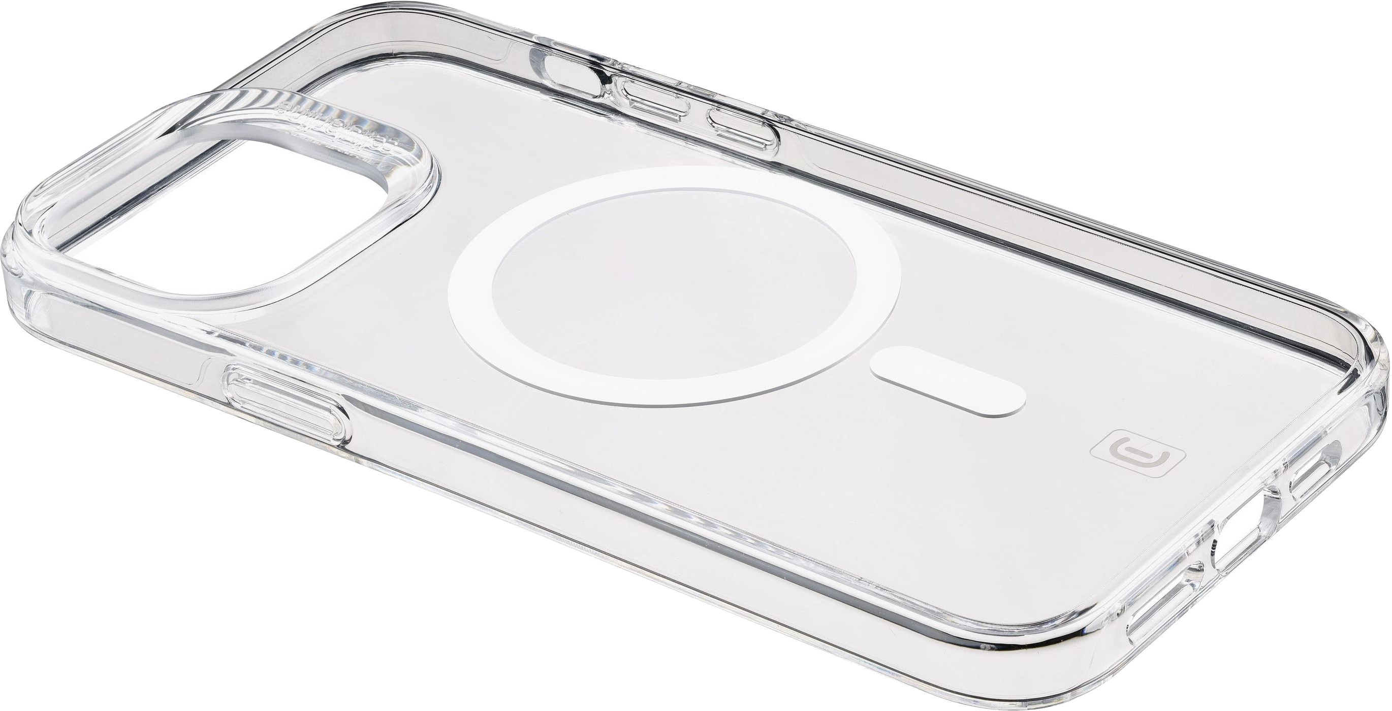 Coque de téléphone transparente avec cercle blanc. Découpe pour l'appareil photo.