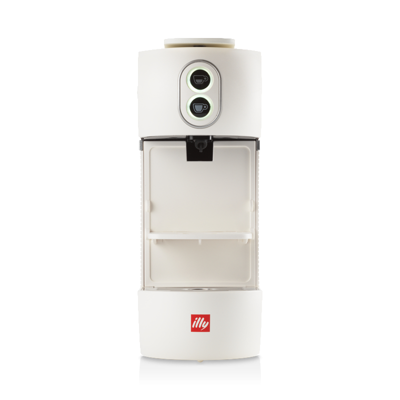 Eine ganz weiße Illy-Kaffeemaschine mit zwei beleuchteten Knöpfen und Logo.