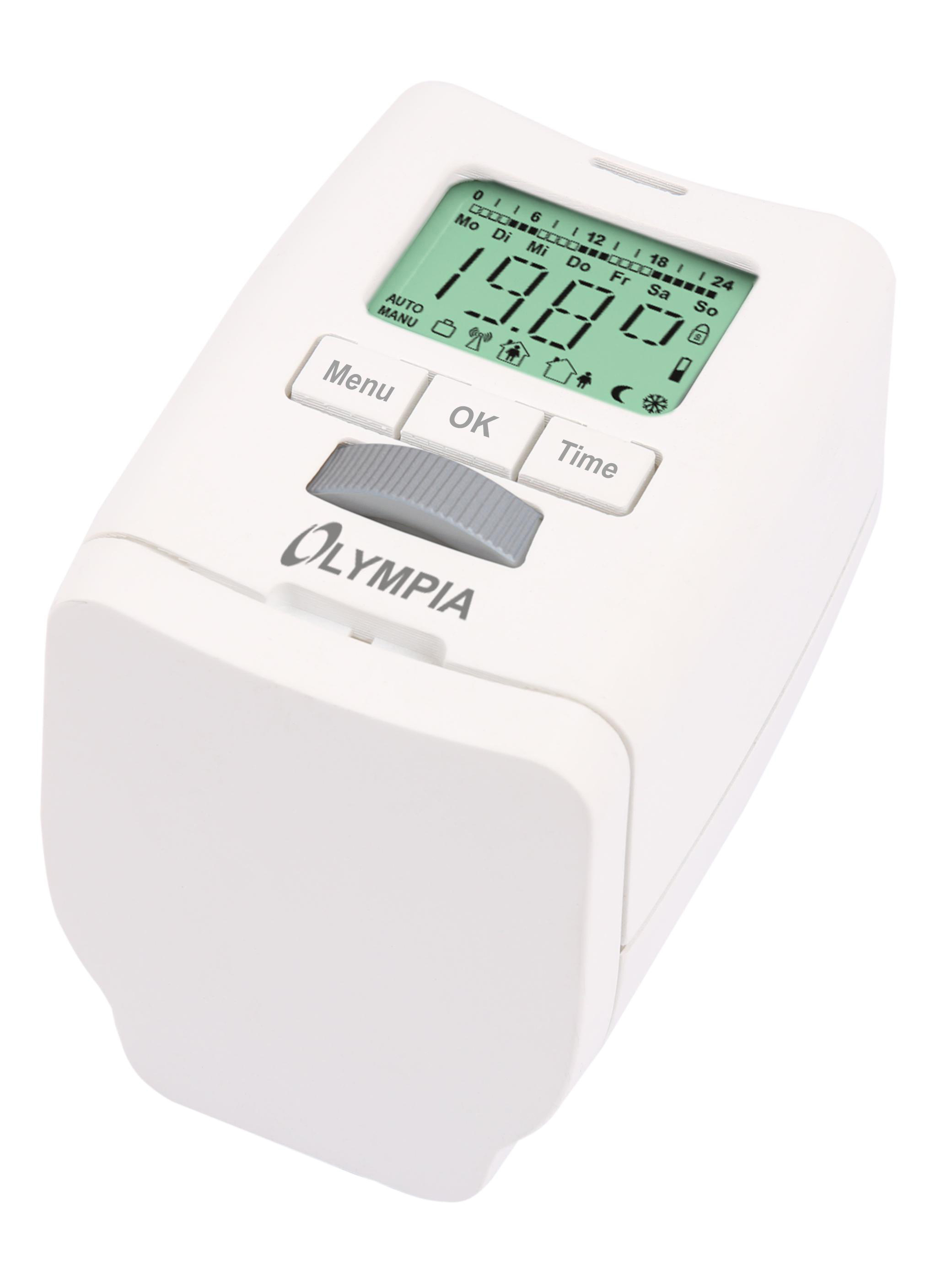 Weißer Thermostat mit Digitalanzeige, die Zahlen und Symbole zeigt.