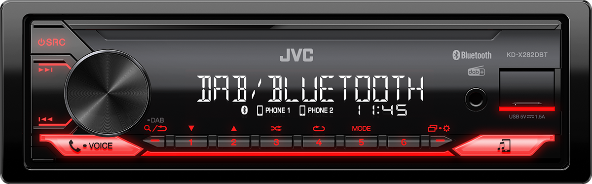 Zwarte autoradio met een blauw display. Toont 'DAB+/BLUETOOTH' en de tijd.