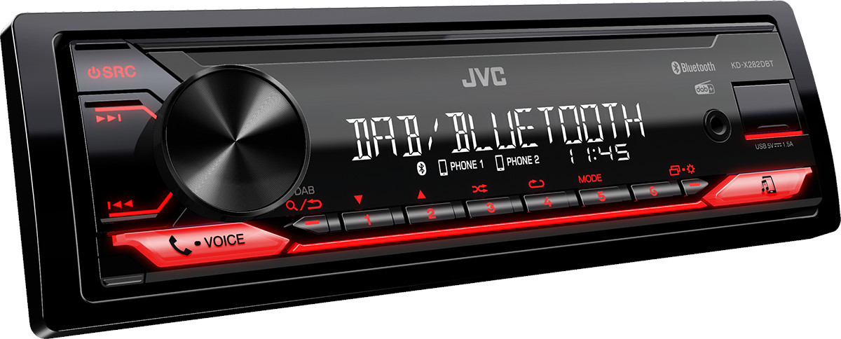Autoradio met een zwart front, rode lichten en een digitaal display.