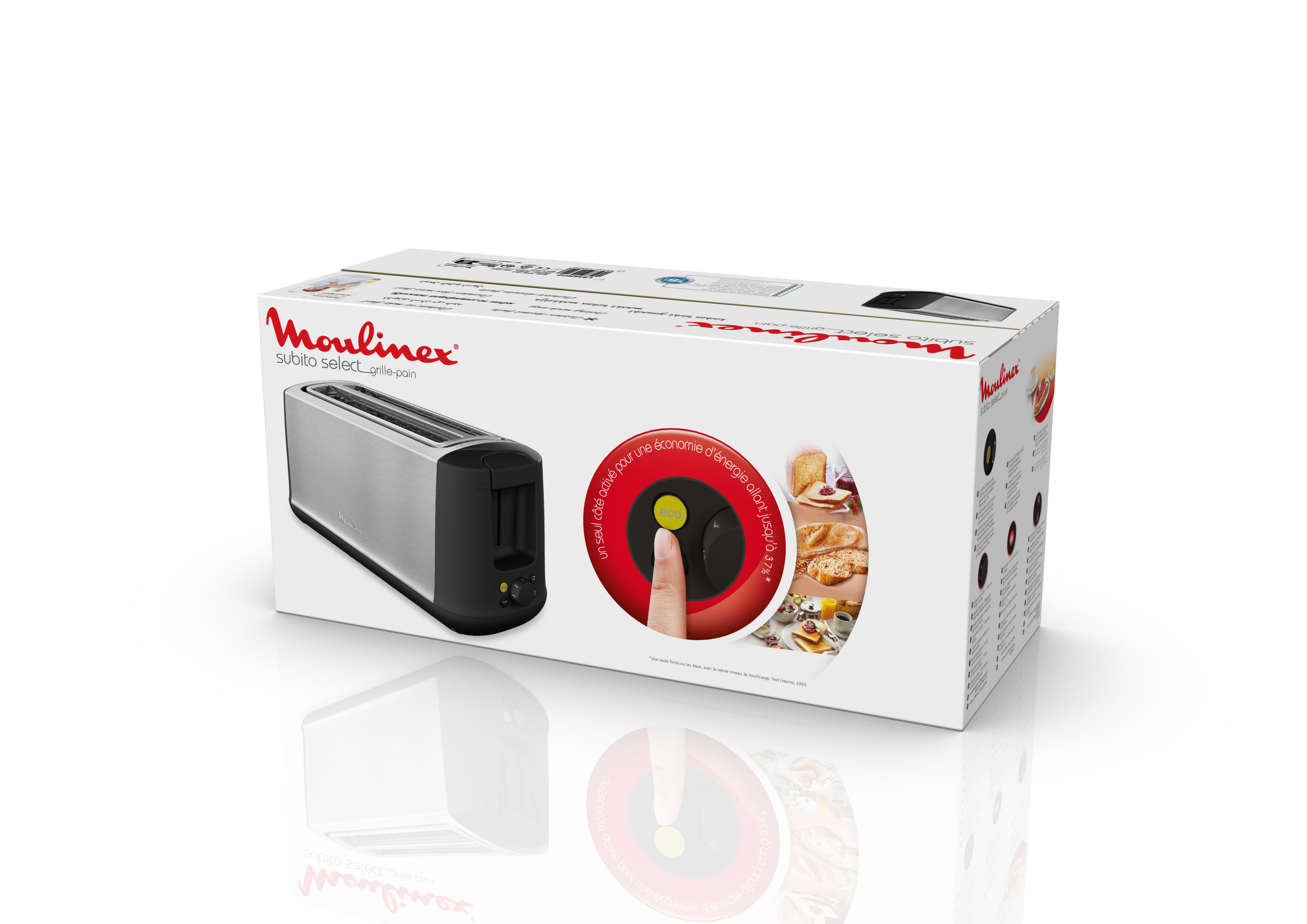 Tostadora Moulinex en caja. Diseño plateado y negro con dial rojo e imágenes de pan.