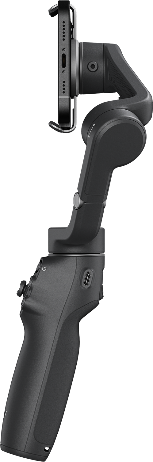 Zwarte handheld gimbal met telefoon bevestigd. Zijaanzicht, knoppen zichtbaar.
