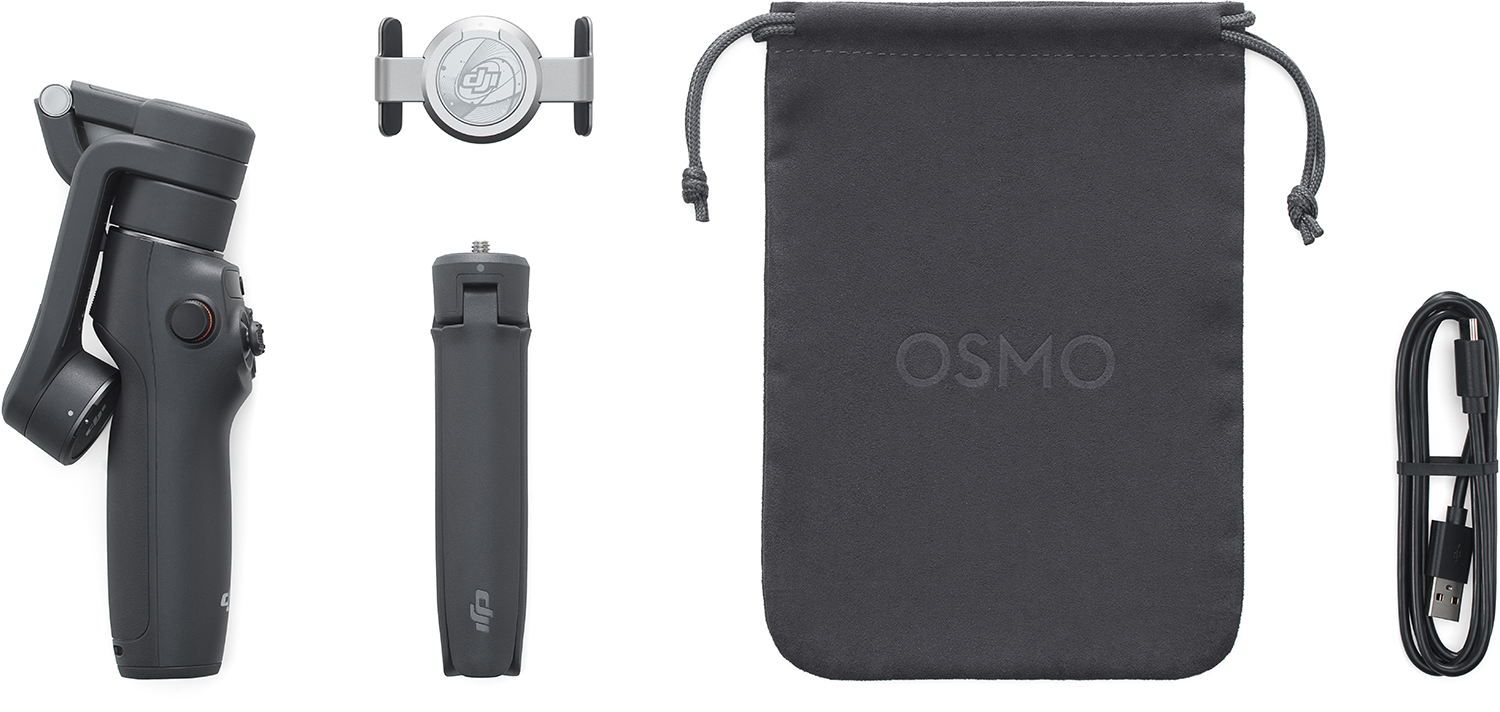 DJI Osmo mobiele apparaatkit met diverse onderdelen: gimbal, statief, hoes en kabel.